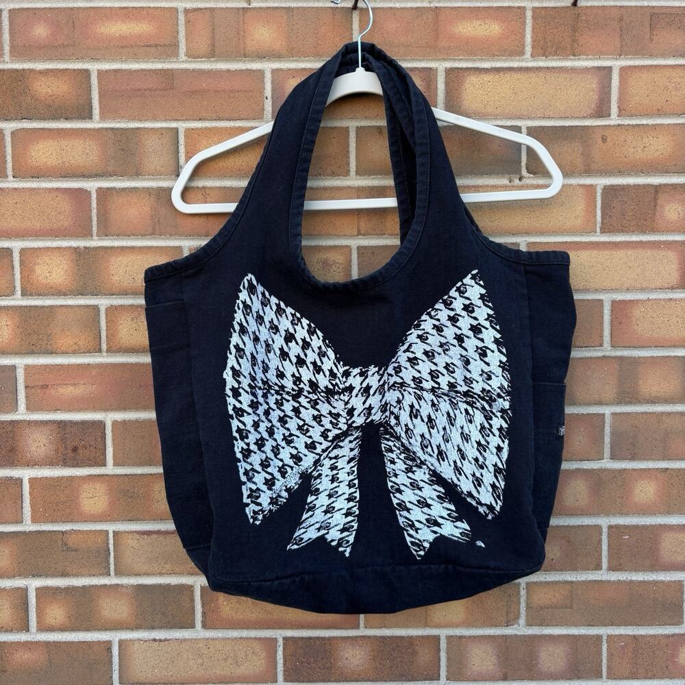 Lauren Moshi Tote Bag Houndstooth Giant Bow Side Pockets Black